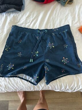 Men's Navy Blue Turtle Swim Shorts with Drawstring